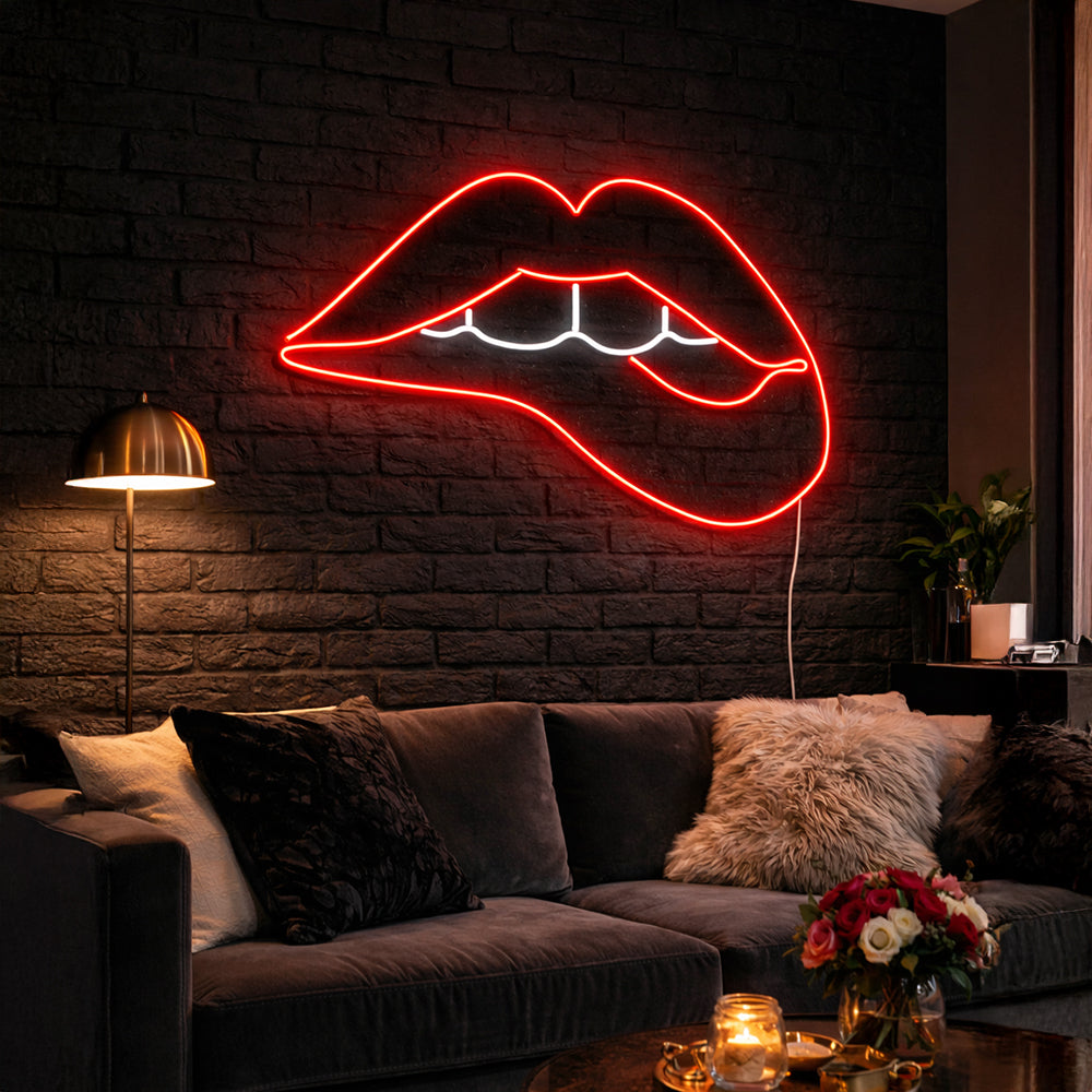 Lipsing Sign Biting Lips LED Neon Sign - Planet Neon Made in London Neon Signs